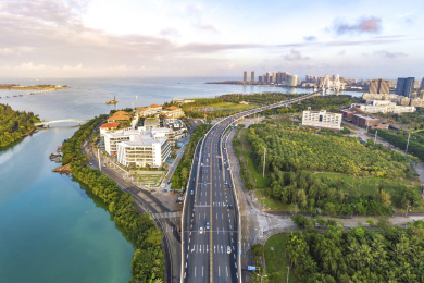 Aerial View of Buildings and Parks in Binhai Central Business District and Parks of Haikou City in Hainan Island of China