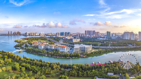Aerial View of Buildings and Parks in Binhai Central Business District and Parks of Haikou City in Hainan Island of China