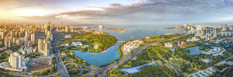 Aerial View of Buildings and Parks in Binhai Central Business District and Parks of Haikou City in Hainan Island of China
