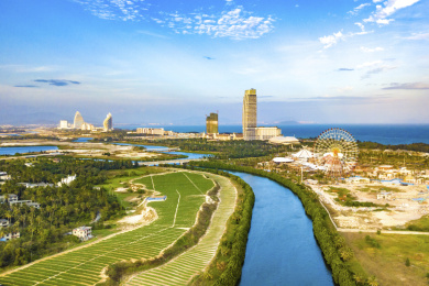 Aerial View of Luxury Hotels and Amusement Park at Haitang Begonia Bay in Sanya of Hainan Island of China