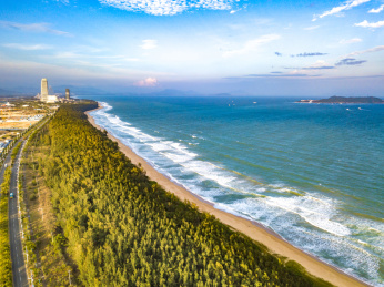 Aerial View of Luxury Hotels at Haitang Bay Beach and Wuzhizhou Island in Sanya of Hainan Island of China