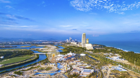 Aerial View of Luxury Hotels and Amusement Park at Haitang Begonia Bay in Sanya of Hainan Island of China