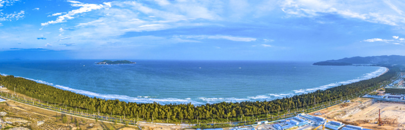 Panoramic Aerial View of Windbreak Seashores at Haitang Begonia Bay in Sanya of Hainan Island of China