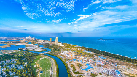 Aerial View of Luxury Hotels at Haitang Bay Beach and Wuzhizhou Island in Sanya of Hainan Island of China