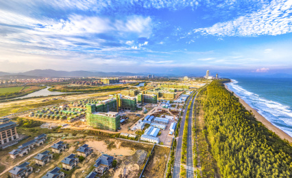 Aerial View of Resorts and Hotels under Construction at Haitang Begonia Bay in Sanya of Hainan Island of China