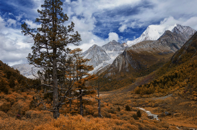 稻城亚丁夏诺多吉神山山谷秋色