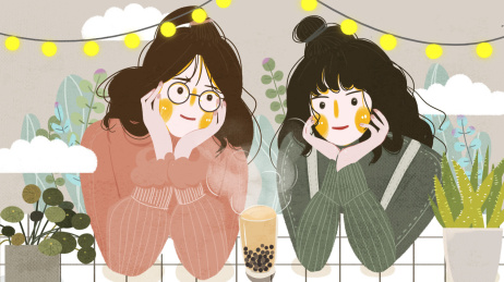 城市生活冬日的喝珍珠奶茶的闺蜜女孩