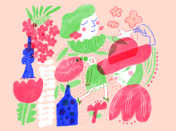 春天的鲜花中女孩插画