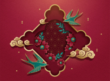 花朵与燕子装饰的中国新年剪纸风背景