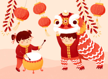 舞狮春节习俗插画