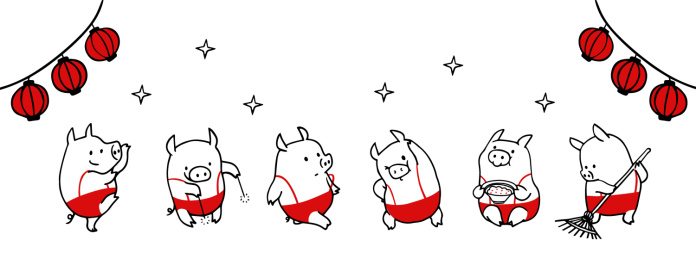 矢量猪年新年灯笼和小猪插图