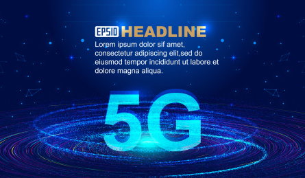 宇宙星空、动态粒子构建5G通信技术快速发展概念创意矢量图