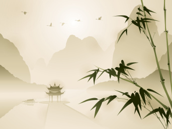 东方风格的绘画，竹子在一个美丽的景象。