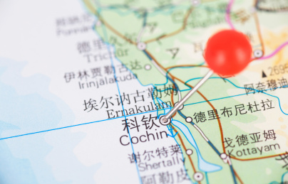 地图上被大头钉标注的印度城市科钦