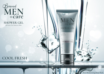 冰块水倒下洗面露写实插图广告