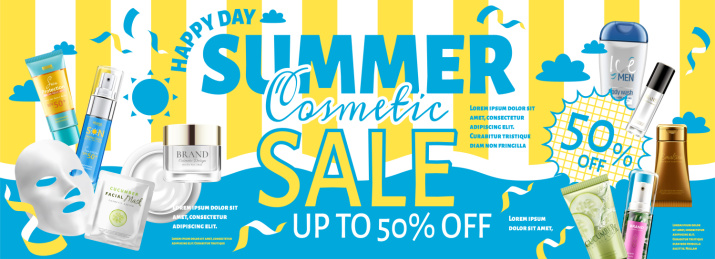 夏日化妆品折扣横幅写实插图广告