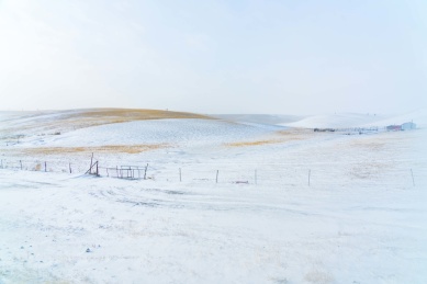 中国内蒙古呼伦贝尔冬天下雪的草原