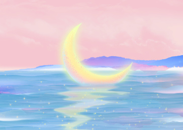 美丽的夜晚，月亮融化在发光的河流里发出淡淡光彩，星光在闪烁抽象插画海报