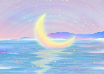 美丽的夜晚，月亮融化在发光的河流里发出淡淡光彩，星光在闪烁抽象插画海报