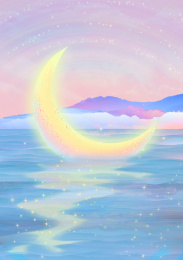 美丽的夜晚，月亮融化在发光的河流里发出淡淡光彩，星光在闪烁抽象插画海报