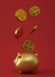 红色背景上面的金猪与金币