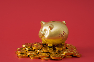 红色背景上面的金猪与金币