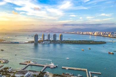 Aerial View of Cruise Home Port and Luxury Hotels on Phoenix Island, Landmark Architecture of Sanya City, Hainan Province, China