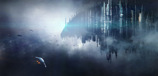 太空中奇怪的建筑，科幻场景，数字绘画。