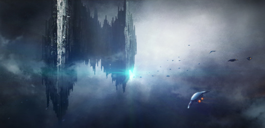 太空中奇怪的建筑，科幻场景，数字绘画。