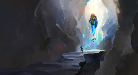 洞穴里有神奇力量的怪石，数字绘画。