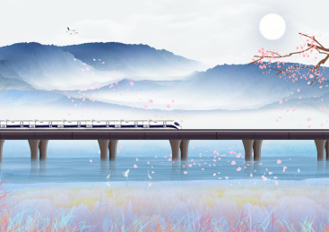 春运，人们乘坐一列火车从异乡开往家乡回家团聚过春节中国风山水画