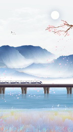 春运，人们乘坐一列火车从异乡开往家乡回家团聚过春节中国风山水画