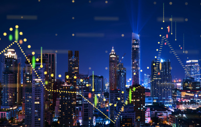 城市夜景与增长图表特效图设计。