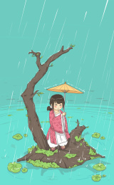 下雨天女孩在枯木上撑伞避雨