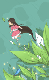 春天花开少女在花丛中飞舞