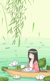 清明时节古装女生在湖边划船赏花