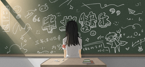 毕业季女生在黑板用粉笔涂鸦