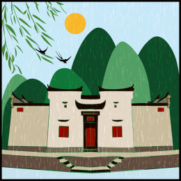 春天 徽州建筑文艺小清新手绘风景矢量