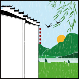 春天 徽州建筑文艺手绘风景矢量