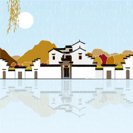 秋冬 徽州建筑文艺小清新手绘风景矢量