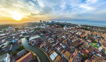 Aerial View of Melaka City, a UNESCO World Heritage Site of the Straits of Malacca in Malaysia, Southeast Asia, Sunrise in the Morning