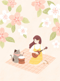 少女赏花插画