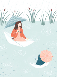 女孩雨天坐船插画