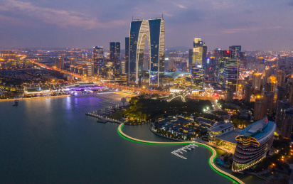 航拍苏州现代城市夜景