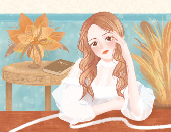 手绘插画 坐在桌前的长发少女