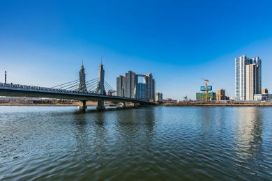 北京市通州区大运河外滩玉带河桥梁建筑风光  