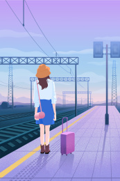 女孩火车站站台候车扁平插画