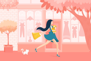 时尚妈妈抱着孩子逛街购物