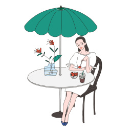 户外咖啡馆太阳伞下喝咖啡吃下午茶的女人手绘插图