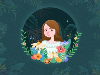 森系甜美女孩手绘插画背景卡片
